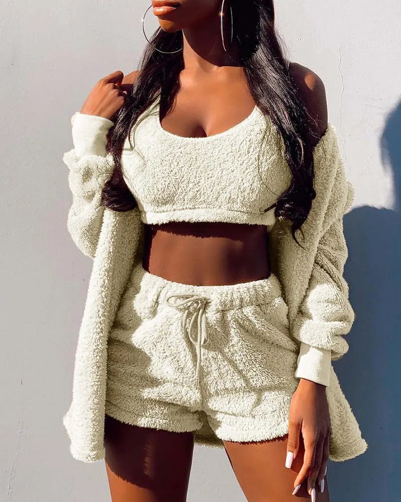 Women's 3-Piece Velvet Fleece Pajamas Set – Crop Top Shorts Coat