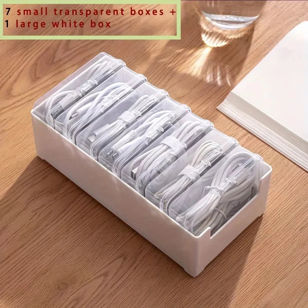 Desktop Cable Organizer – 7 Clear Compartment Boxes & Tray