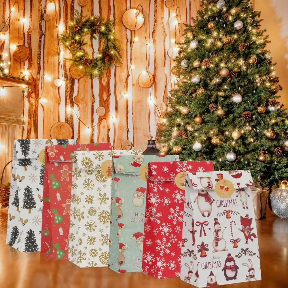 24-Pack Christmas Paper Gift Bags – 6 Designs & Stickers