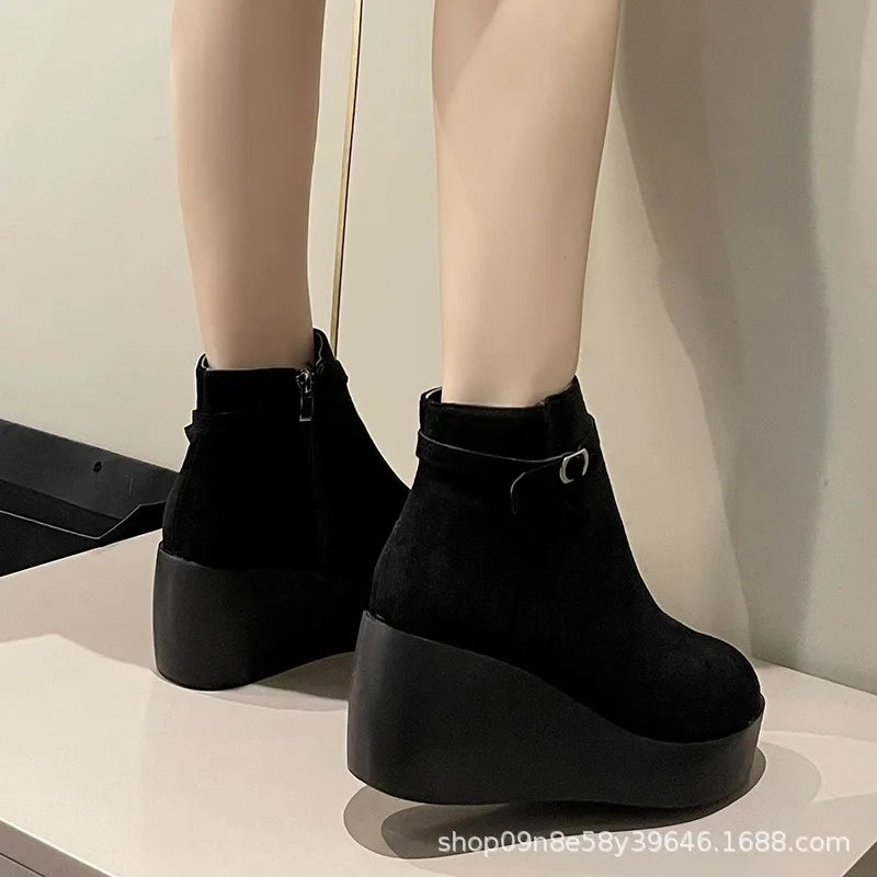 Women's Faux Suede Wedge Platform Ankle Boots Hidden Heel