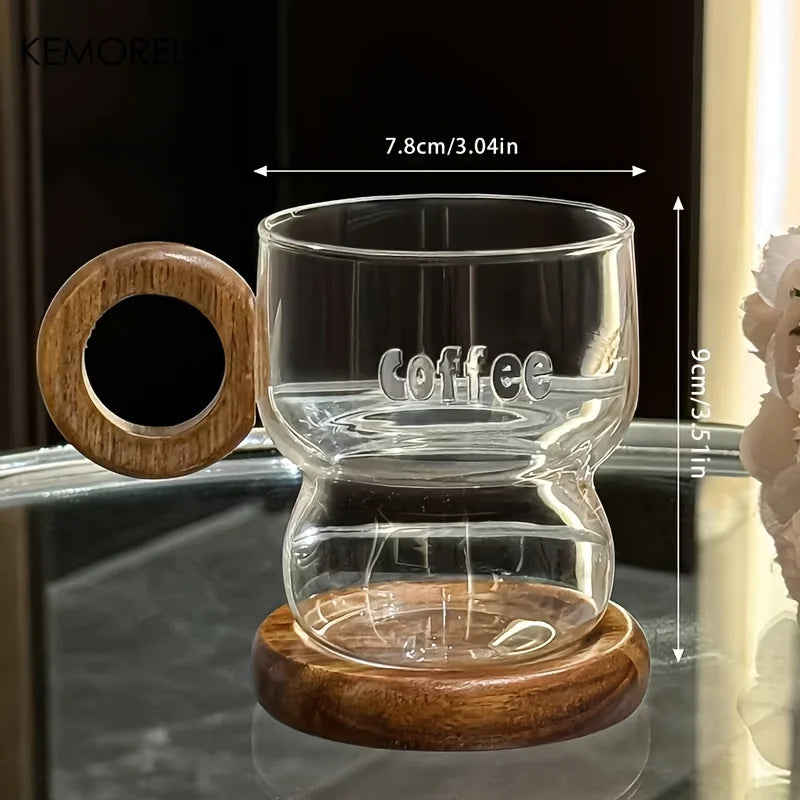 Transparent Glass Coffee Mug with Wooden Handle & Coaster