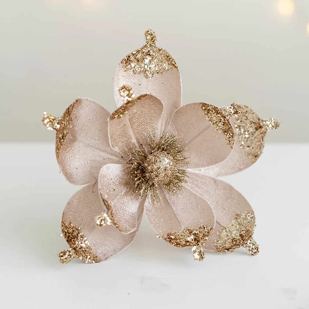 20cm Pink Glitter Magnolia Christmas Flower Pick | Xmas Decor