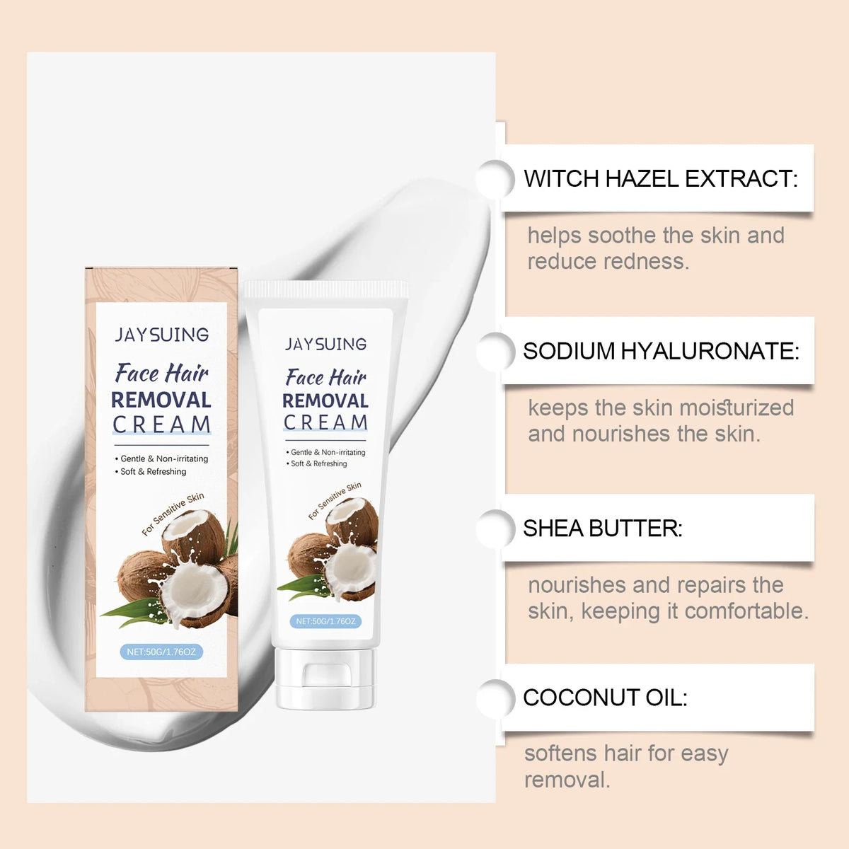 Jaysuing Coconut Facial Hair Removal Cream – Lip & Chin 50g