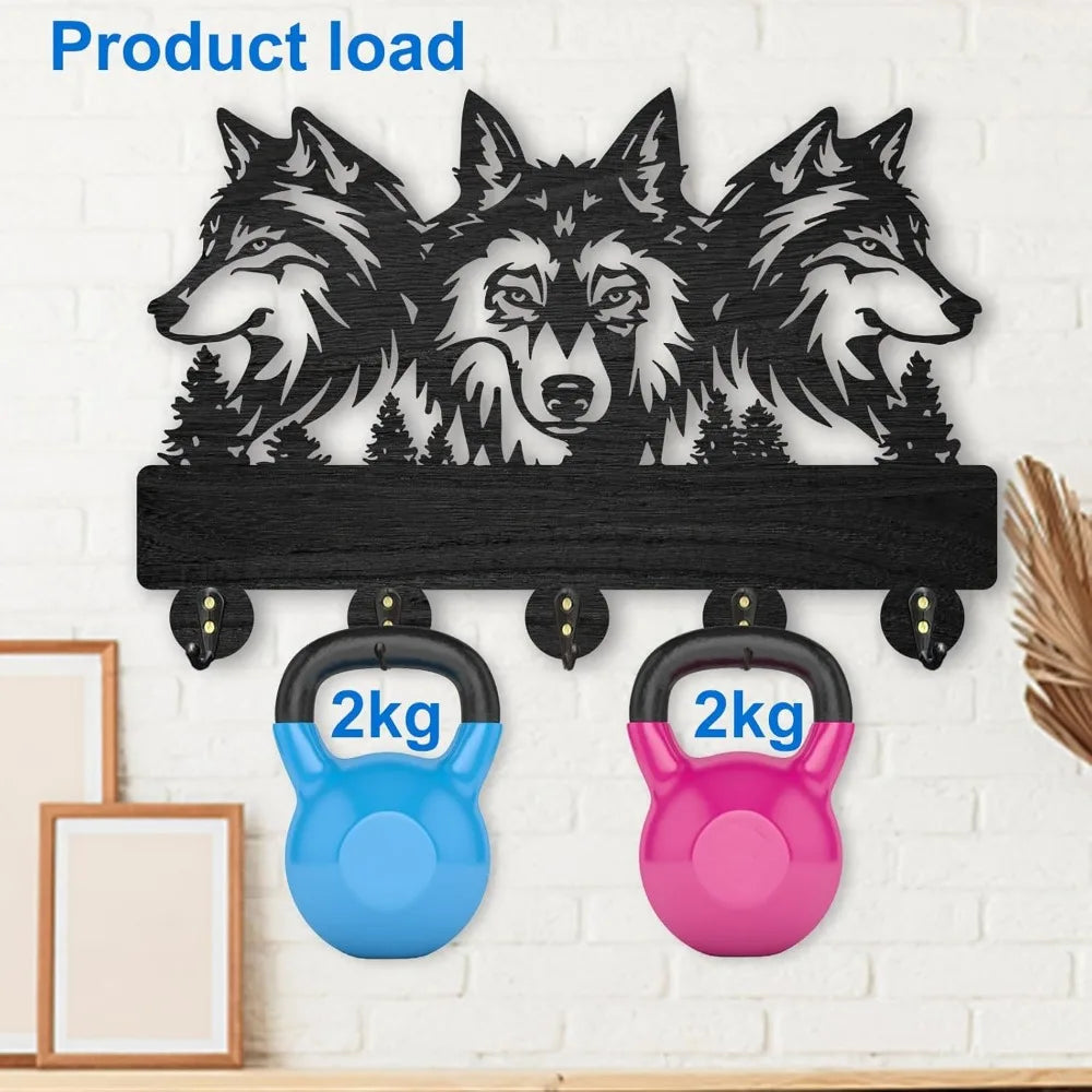 Wolf Forest Wood Wall Coat Rack – 5 Hook Key Holder 11.8in