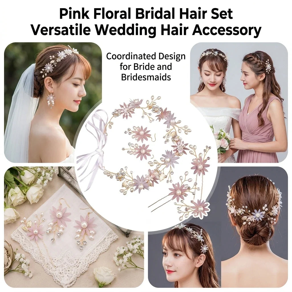 Bridal Pink Flower Headband & Hairpin Set | Wedding Hair Accessories