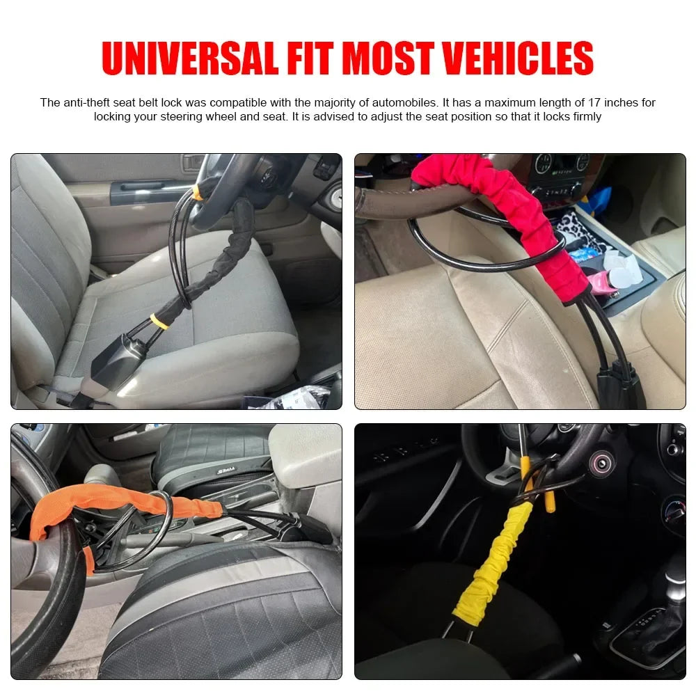 Car Steering Wheel Lock Seat Belt Socket Steel Rope Truck SUV Van RV
