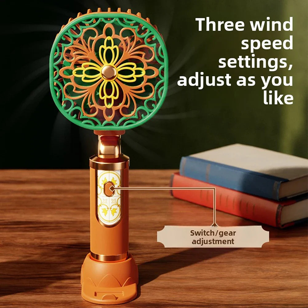 Vintage Floral Handheld Mini Fan – USB Rechargeable, 3 Speeds