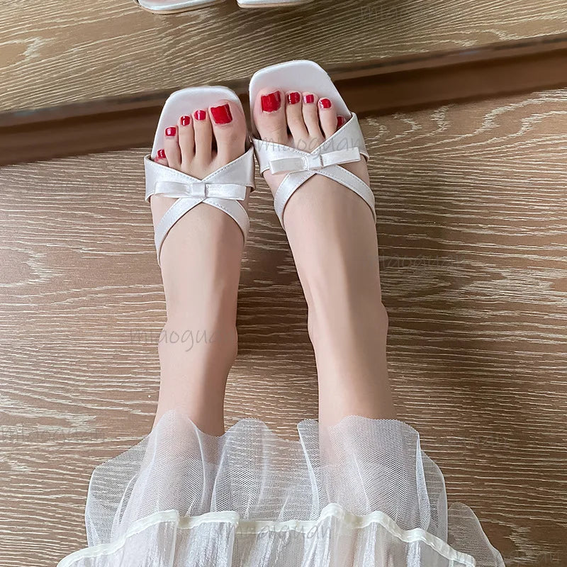 Women's Bow Low Heel Sandals – Summer Slip-On Party Shoes