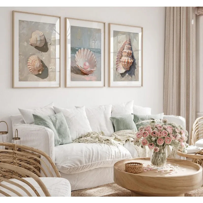 Pink Seashell Starfish Beach Canvas Wall Art | Coastal Decor