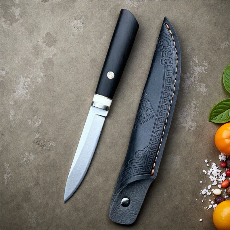 Ebony Handle Paring Knife – 5Cr15 Steel Blade & Leather Sheath
