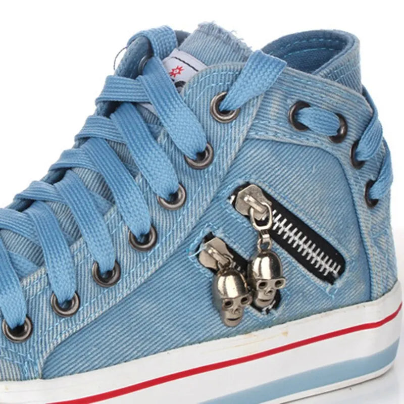 Women's High Top Denim Canvas Sneakers – Lace-Up Flat Shoes