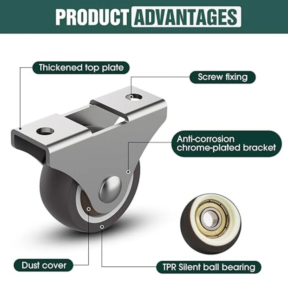 4-Pack Silent Rubber Furniture Casters – Side Mount Low Profile
