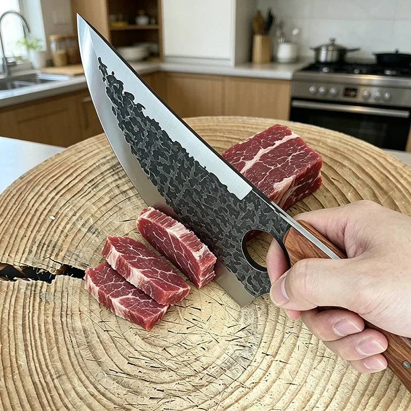 7-Inch Hand Forged Butcher Knife – Full Tang Wood Handle & Sheath