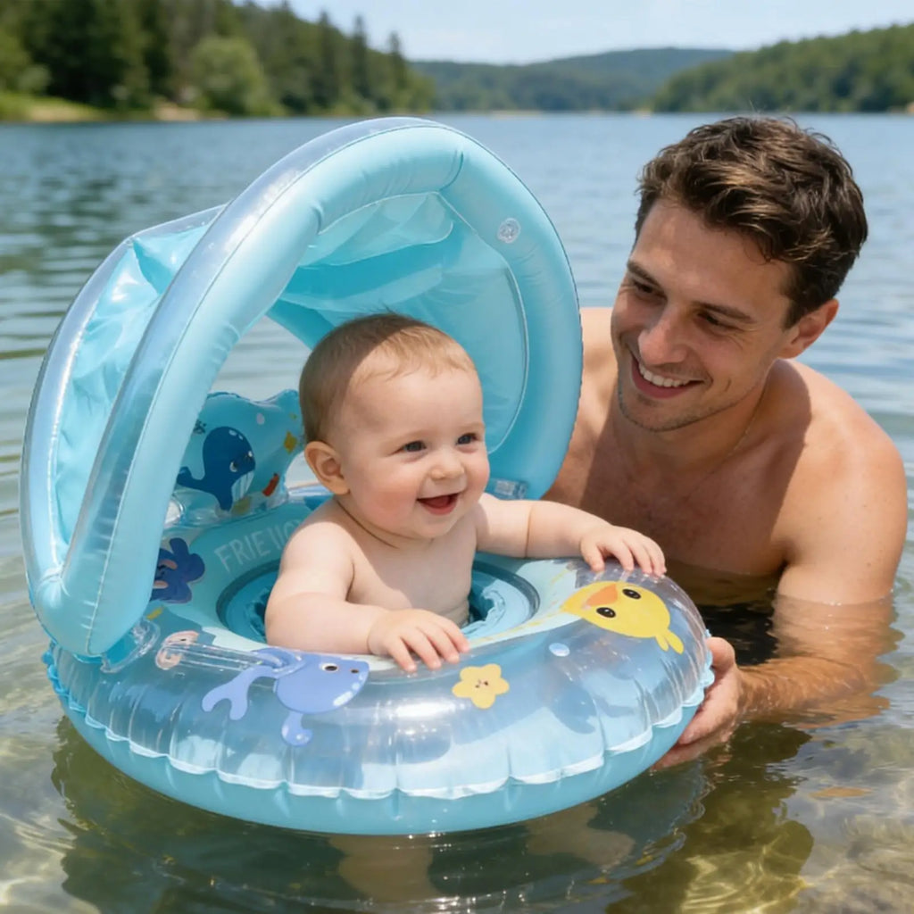 Inflatable Whale Swim Ring Pool Float with Canopy for Kids