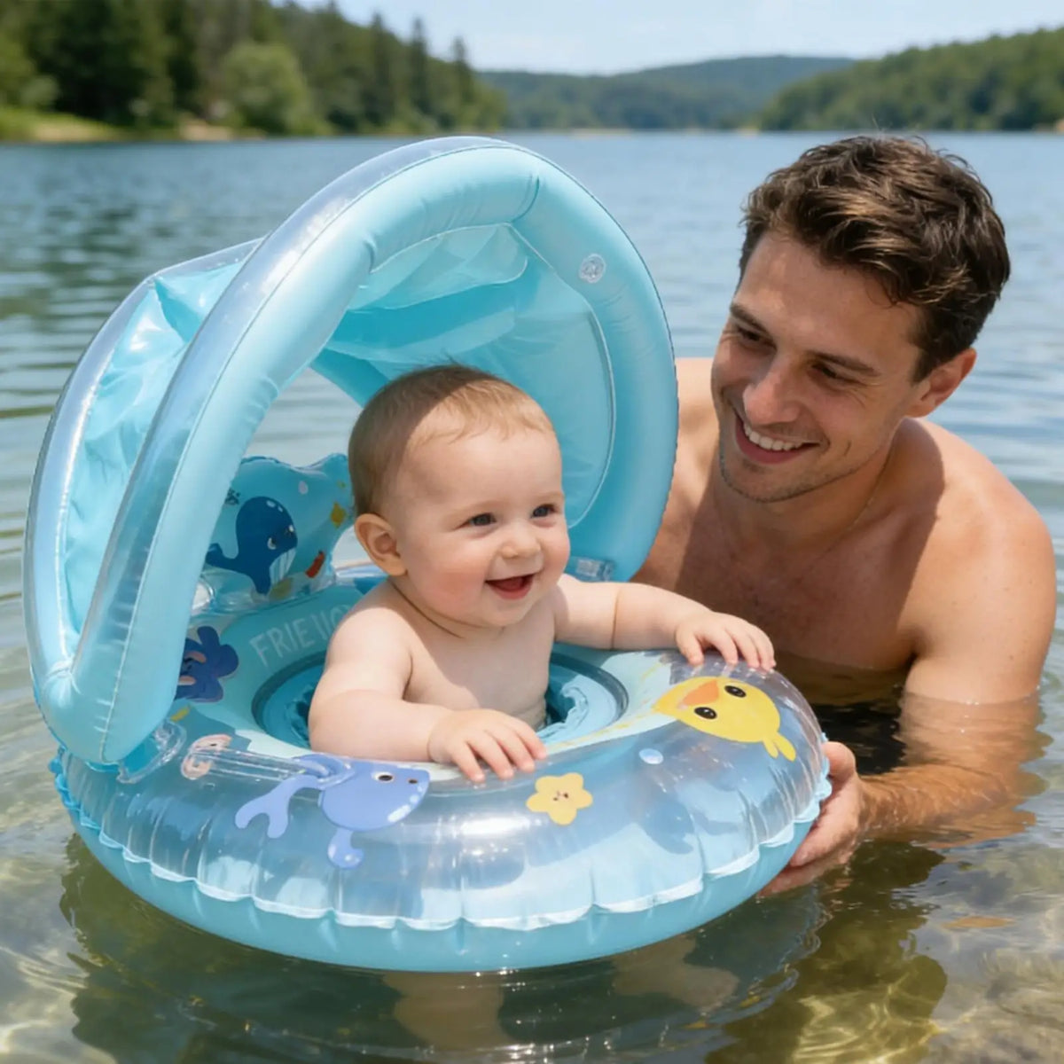Inflatable Whale Swim Ring Pool Float with Canopy for Kids