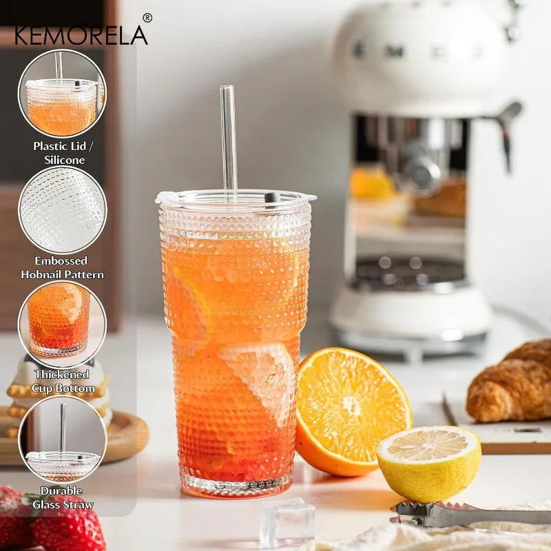 KEMORELA 600ml Hobnail Glass Tumbler with Lid & Straw