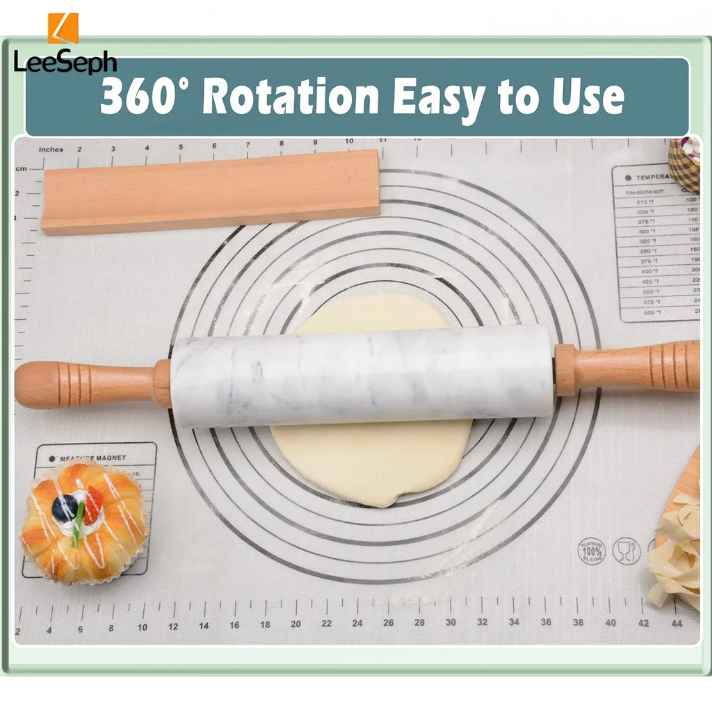 Leeseph Premium Marble Rolling Pin Wooden Handles Base Easy Clean