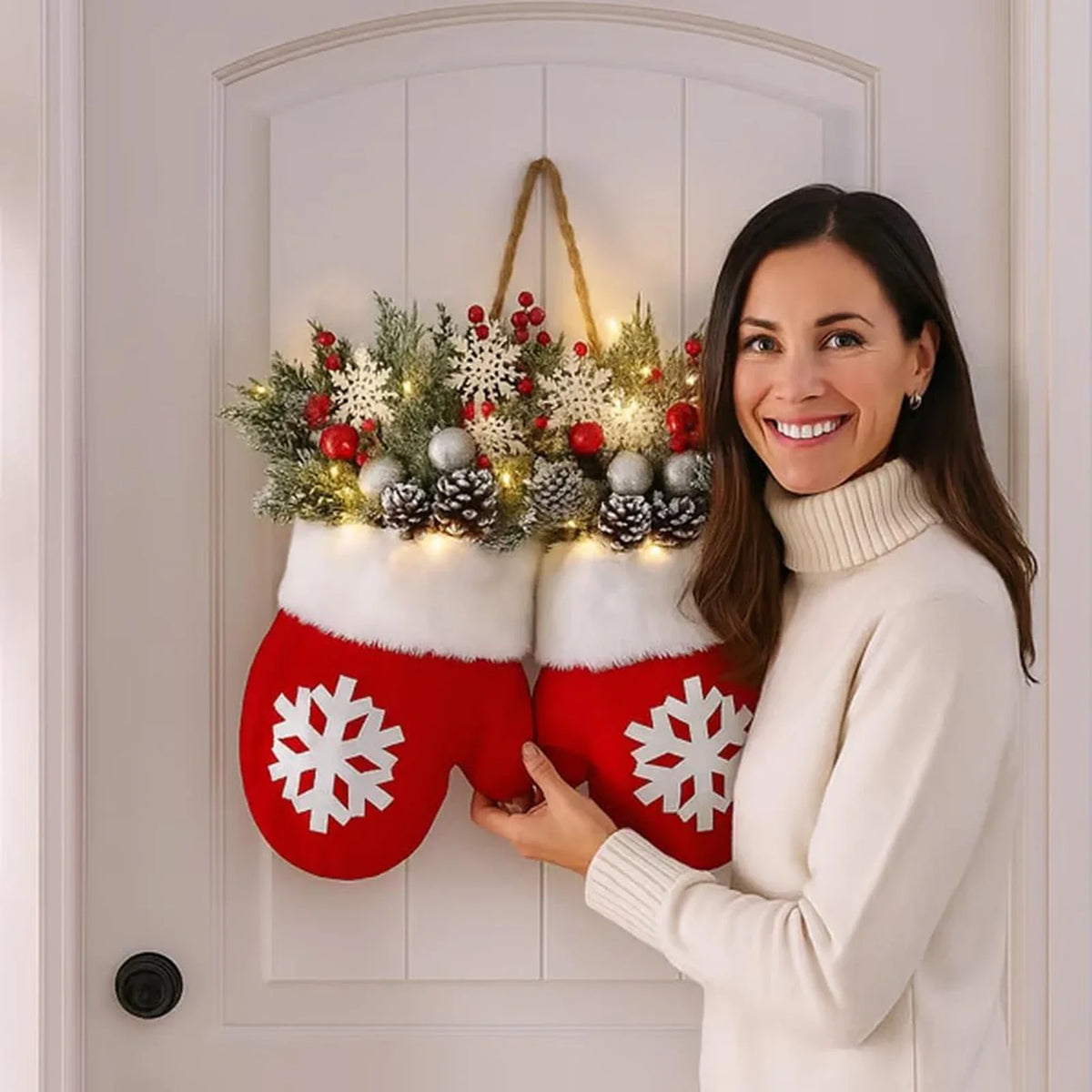 Christmas Gloves Wreath with LED Lights | Holiday Wall Décor