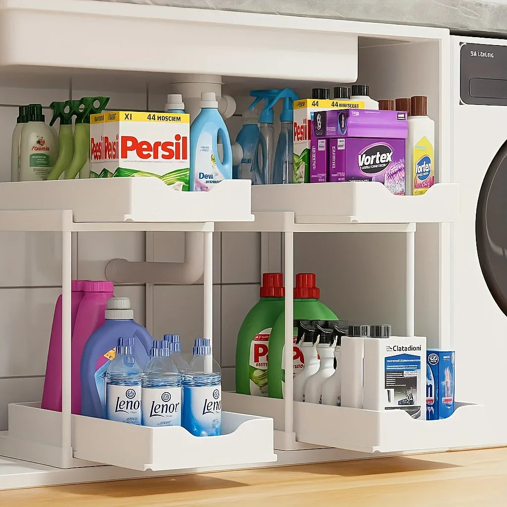 Pull Out Storage Rack 2 Tier Black White Under Sink Organizer