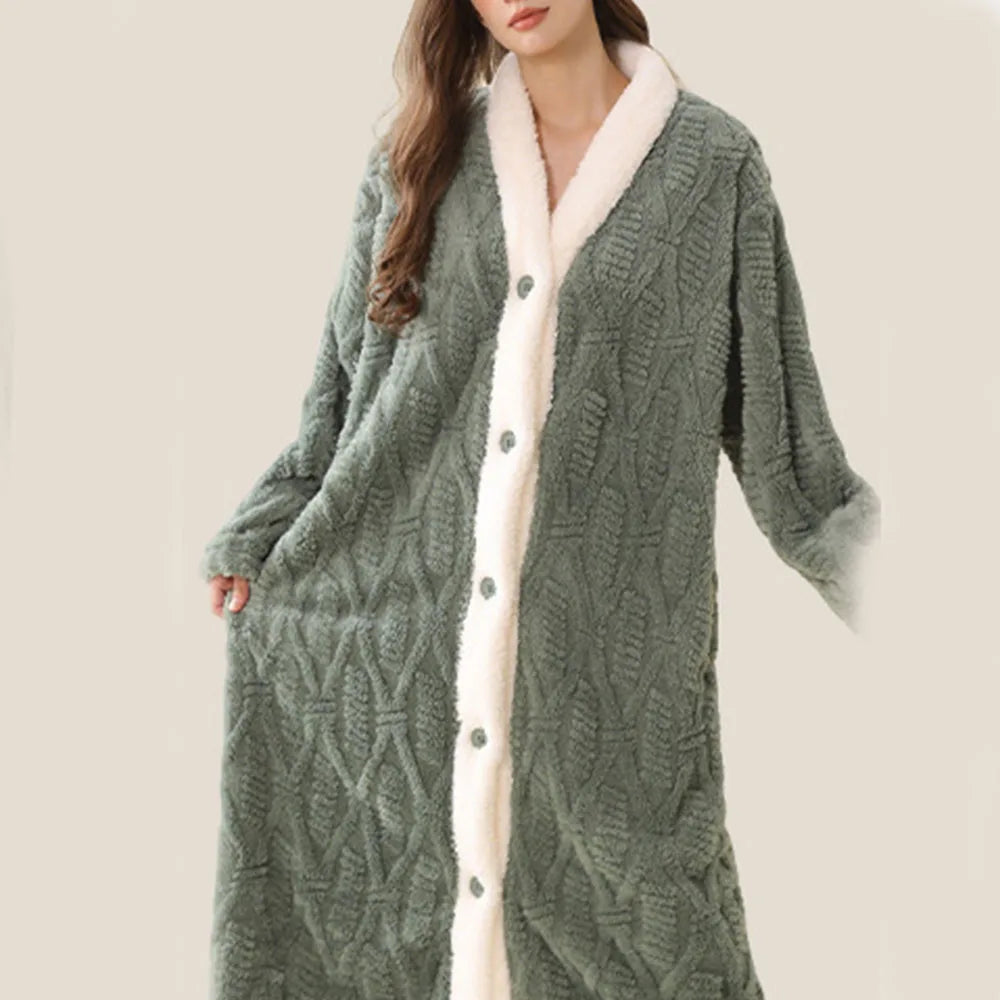Women's Flannel Robe – Soft V-Neck Button Long Nightgown