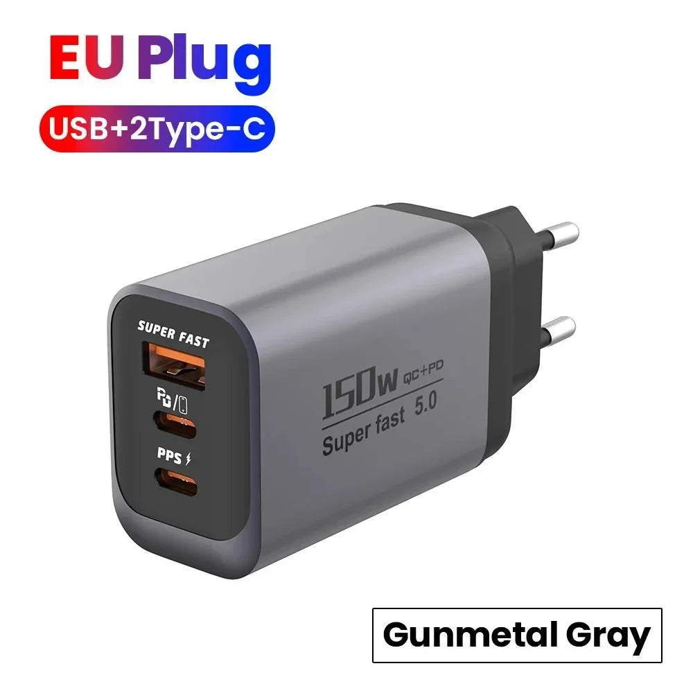 150W USB-C PD & QC3.0 Fast Charger | EU UK US Travel Adapter