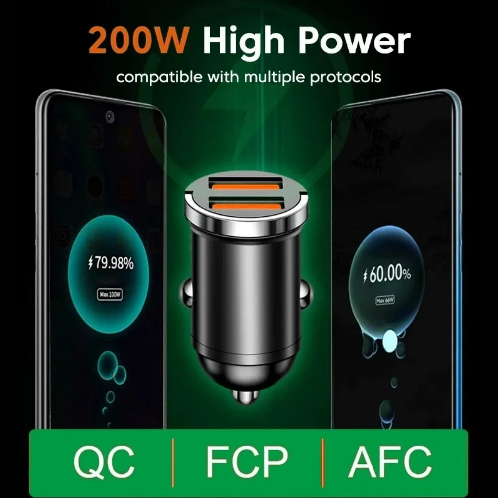 Dual Port 100W/200W Mini Car Charger USB-C Fast Charging Adapter
