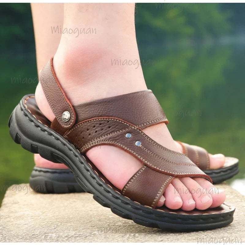 Men's Roma Leather Sandals – Non-Slip Thick-Sole Beach Shoes
