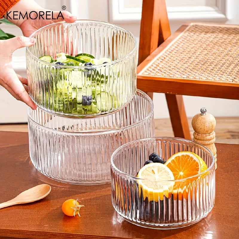 KEMORELA Striped Glass Salad & Fruit Bowl – Serving Dish