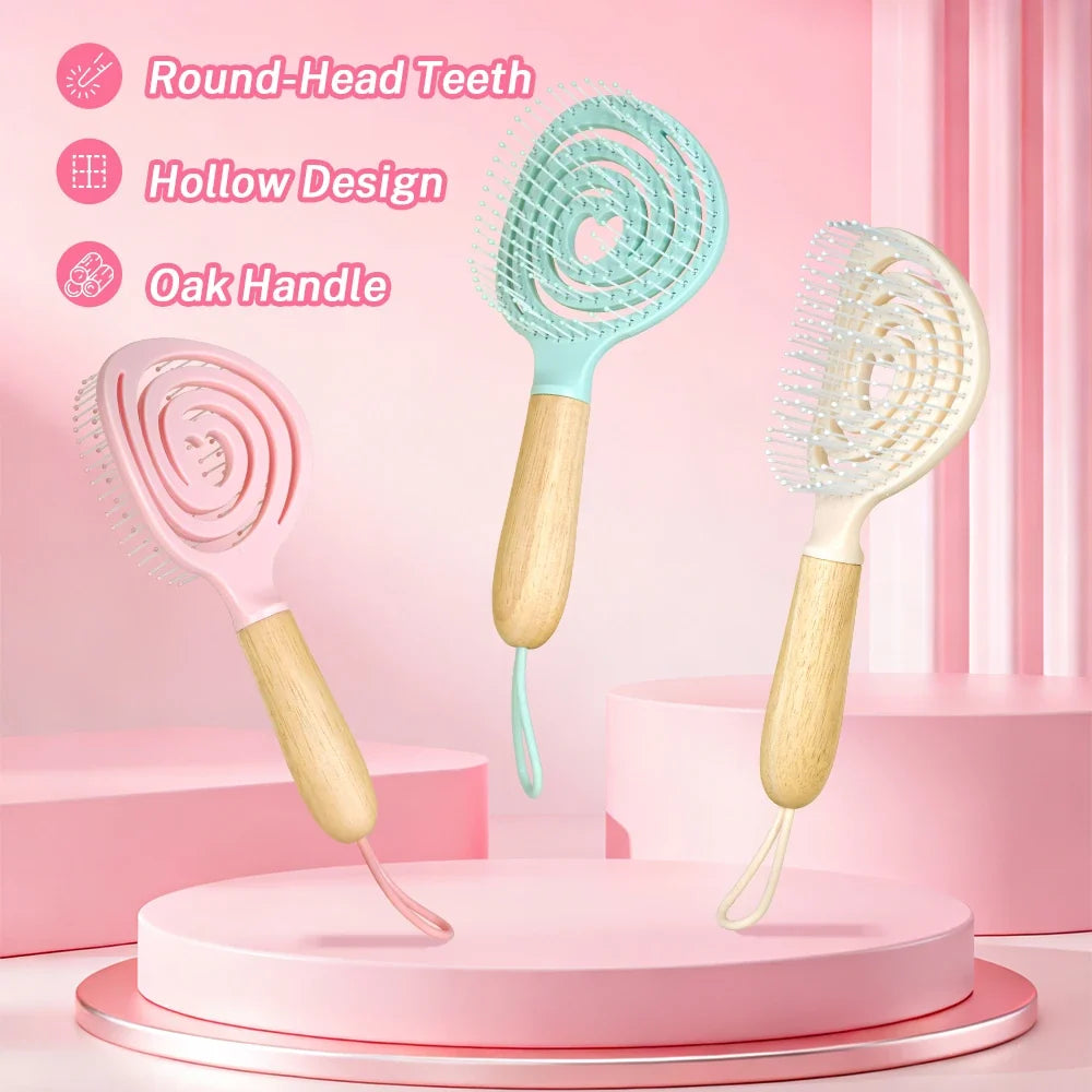 Pastel Spiral Vent Hair Comb – Oak Wood Handle | 3 Colors
