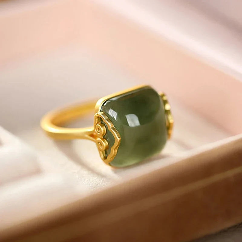 Vintage Auspicious Clouds Imitation Jade Adjustable Ring Women