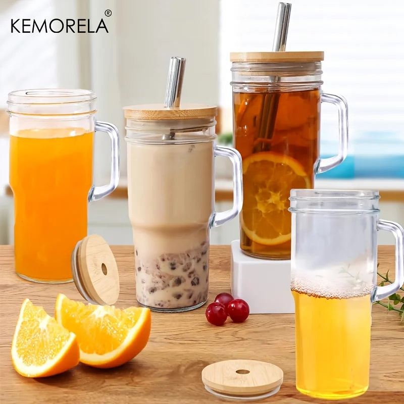 KEMORELA 700ml Glass Cup with Wooden Lid & Straw | Set of 1/2/4