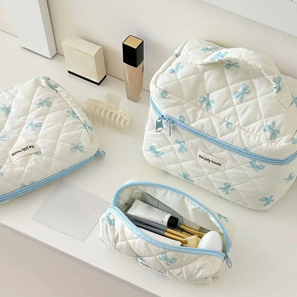 Quilted Floral Makeup Bag Set – 3 Sizes Travel Cosmetic Organizer