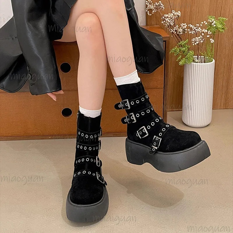 Women's Gothic Platform Ankle Boots – Wedge Buckle Booties