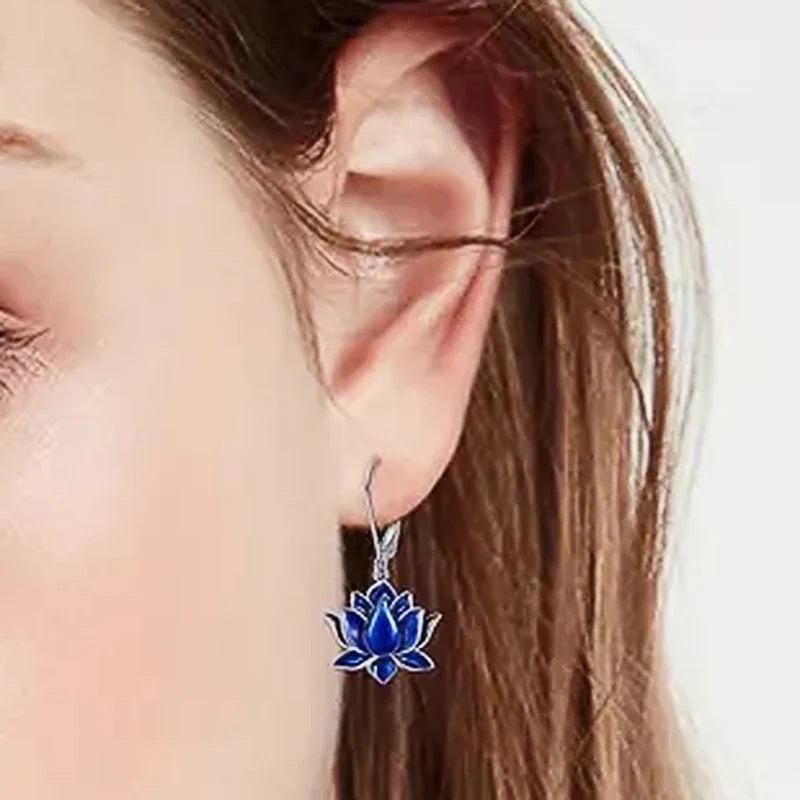Huitan Blue Lotus Drop Earrings – Silver Tone Fashion Jewelry