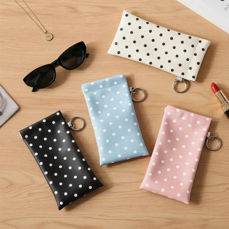 Polka Dot PU Leather Eyeglass Pouch with Keychain | Soft Case