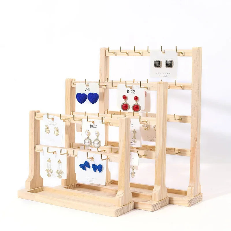 Solid Wood Jewelry Display Rack with Hooks | Multi-Tier Organizer