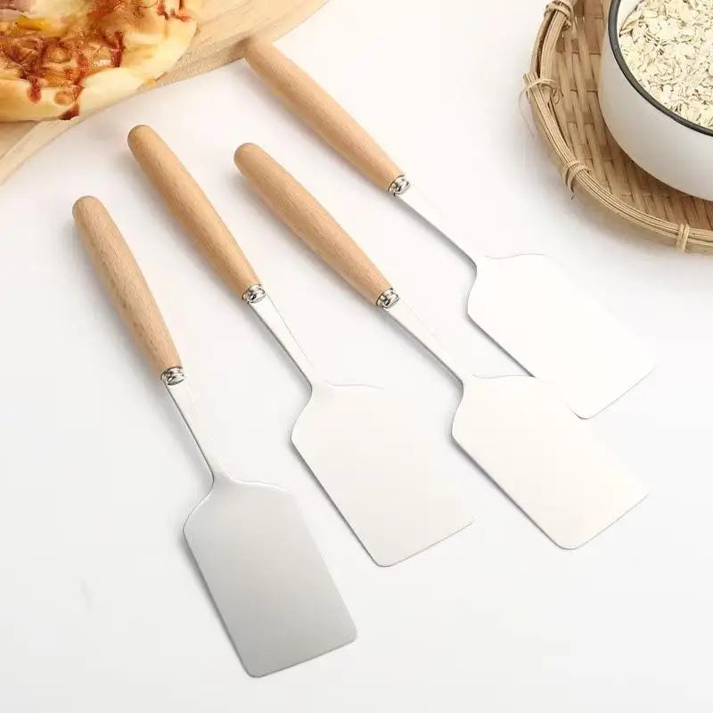 Stainless Steel Square Head Steak Cooking Spatula Wood Handle Pizza