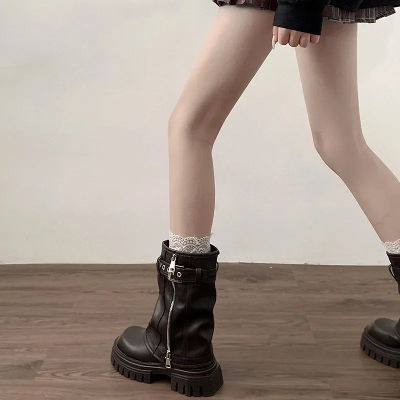 Women's Winter Platform Biker Boots – Belt Buckle Mid-Calf