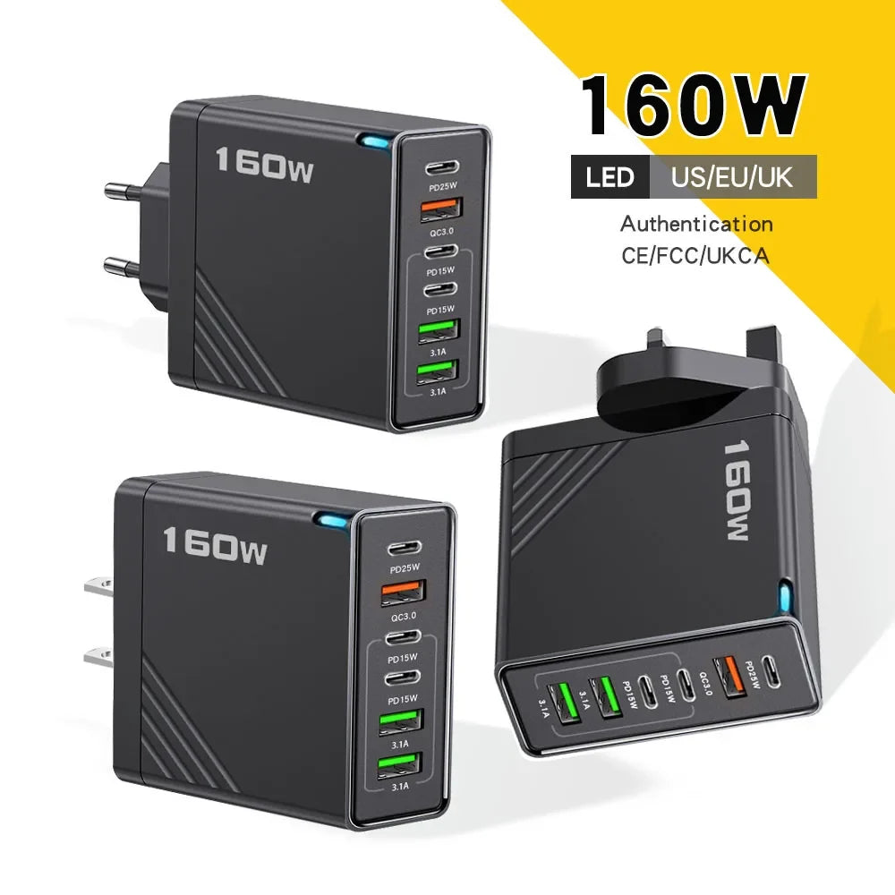 160W 6-Port USB-C Fast Charger | EU US UK Wall Adapter
