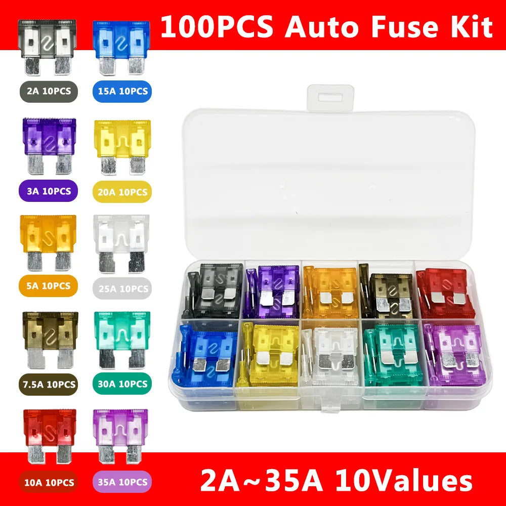 100-Piece Car Blade Fuse Kit 15A–35A with Storage Box | ATC/ATO