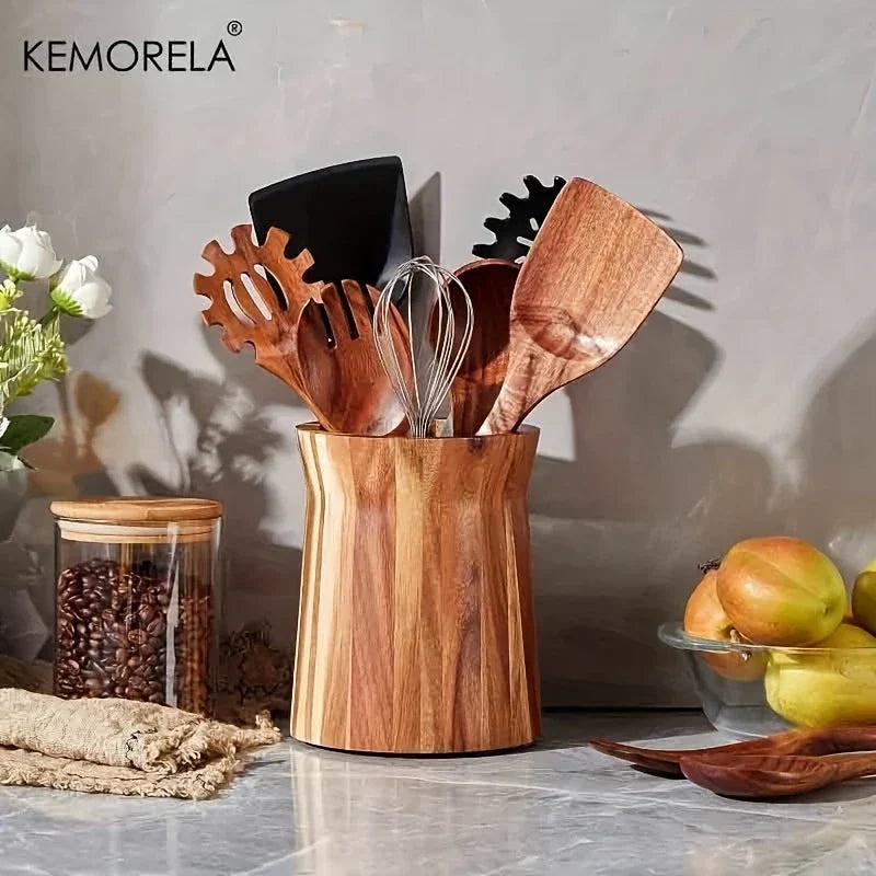 KEMORELA 360° Rotating Wooden Utensil Holder & Countertop Caddy