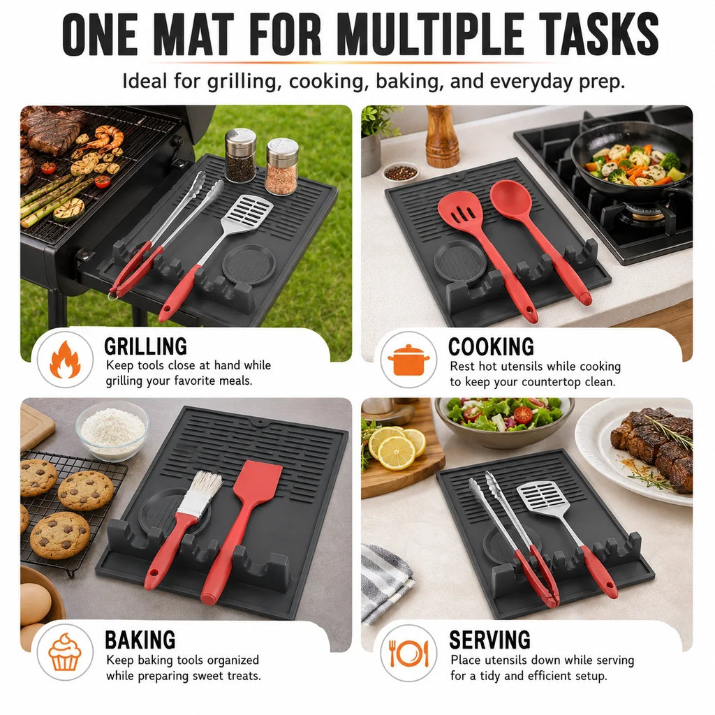 Large Silicone Utensil Rest & BBQ Drip Mat – 3-in-1 Spoon Holder
