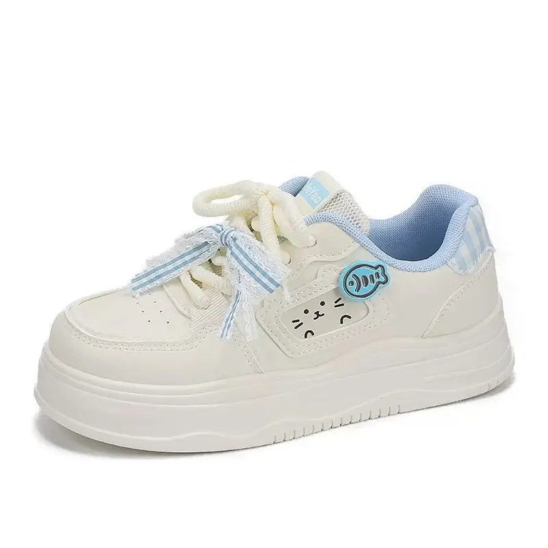 Lorilury Women's Cat & Fish White Sneakers – Thick Sole