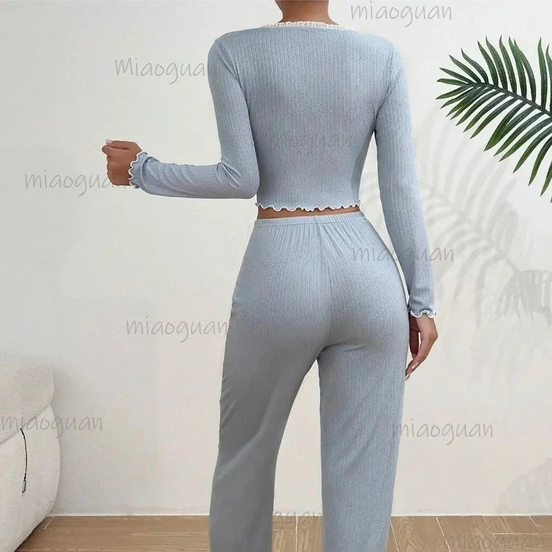Women's Lace Trim Pajama Set – Long Sleeve Top & Trousers