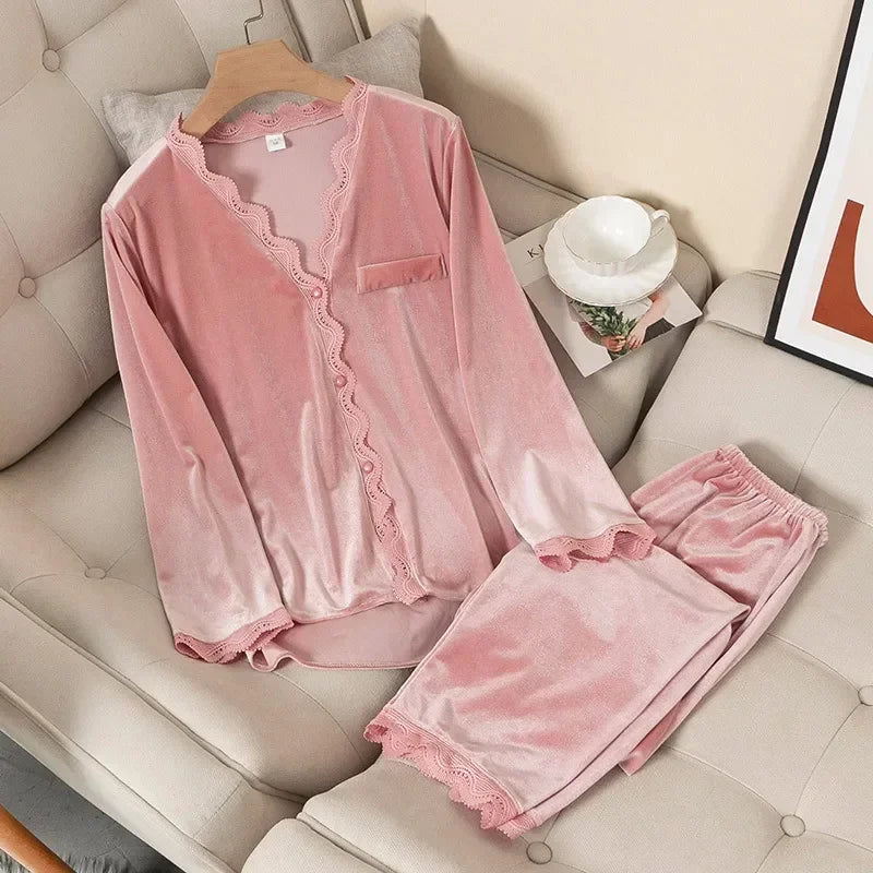 Women's Velvet Pajama Set – Long Sleeve Lace Trim Sleepwear