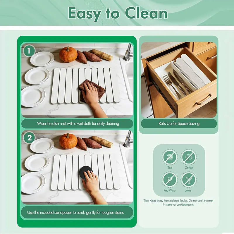 Roll-Up Diatomite Dish Drying Mat – Quick Dry & Non-Slip