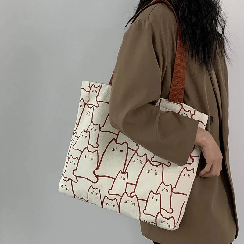Cute Cat Canvas Tote Bag – Japanese Style Zipper Shoulder Bag