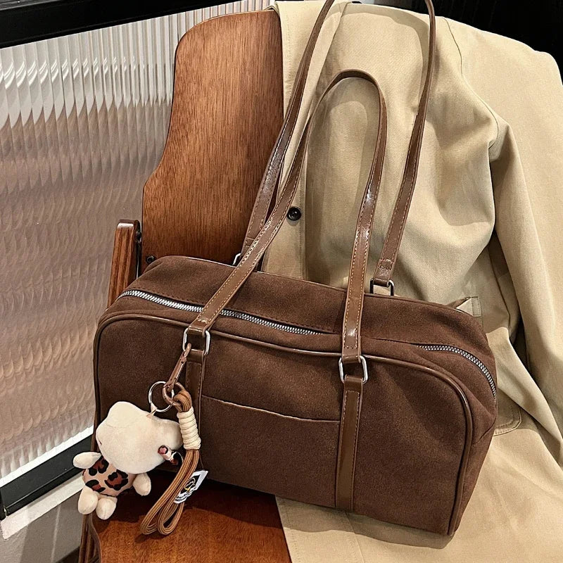 Suede Frosted Boston Bag – Large Capacity Women's Shoulder Bag