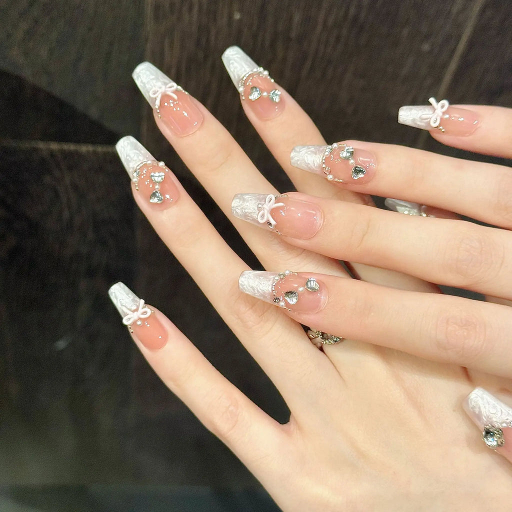 French Press-On Nails Sweet Bow Glitter Rhinestone 10pcs Set