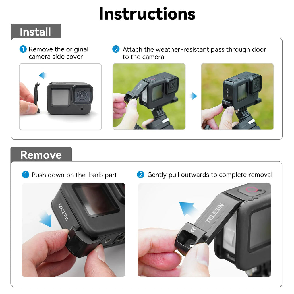 TELESIN Gopro Hero 12 11 10 9 Waterproof Side Cover Easy Removable